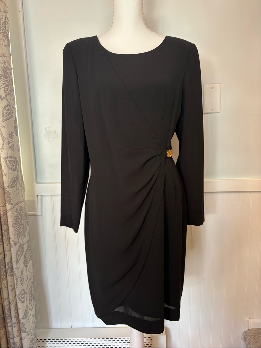 Vintage 90s Casual Corner Black Draped Front Faux Wrap Midi Dress Gold Button 8